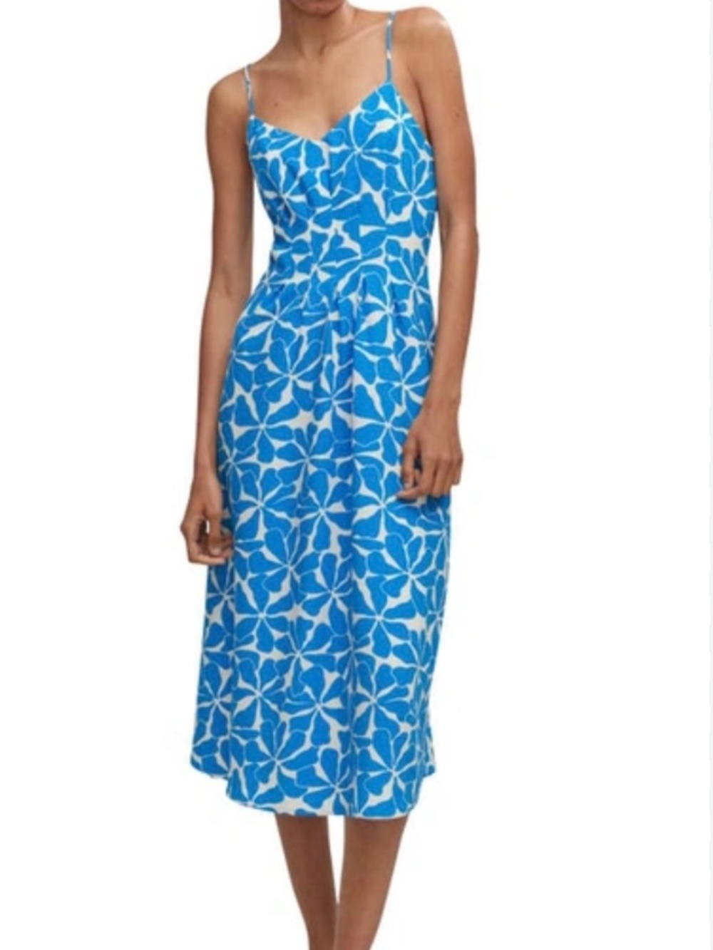 WOMEN'S XS (Size 2) MANGO BLUE AND WHITE FLORAL PRINT SPAGHETTI STRAP MIDI DRESS